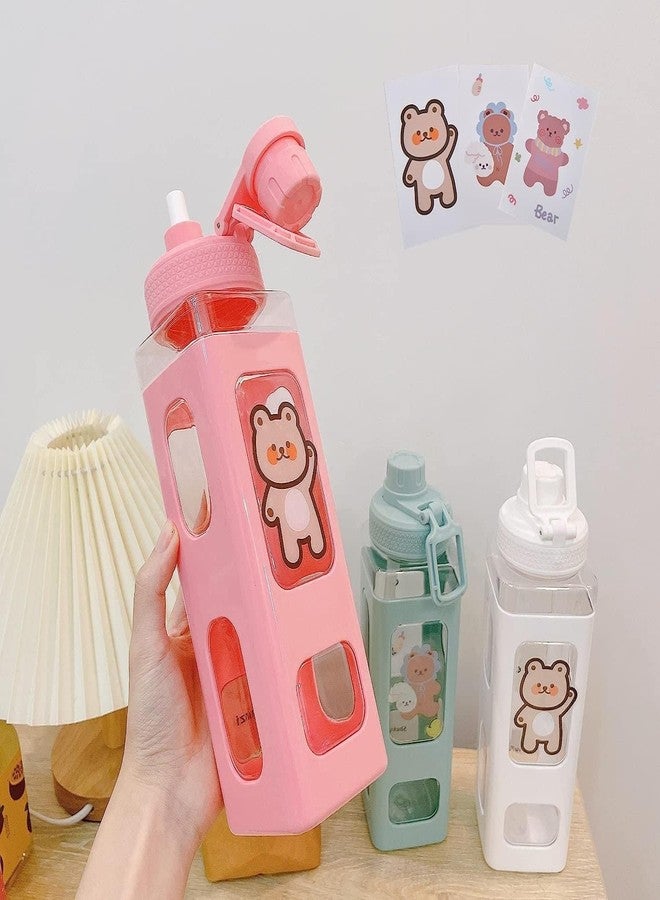 Manibam Impex Kawaii Water Bottle for Girls, Cute Kids Water Bottles with Straw, Carton Water Jug Large Square Drinking Bottle, Portable Leakproof Aesthetic Water Cup + 3D Stickers (Pink) - Image 4